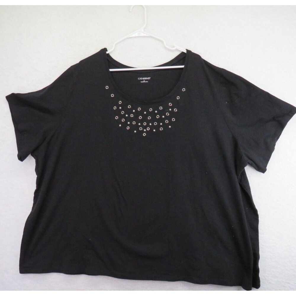 Catherines Shirt Womens Size 5X Black Short Sleeve Silver Tone Metal Embellished
